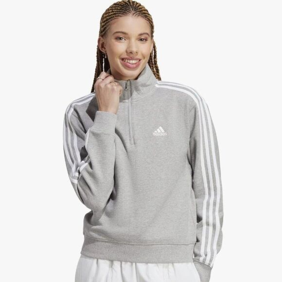 adidas Women's Essentials 3-Stripes Quarter-Zip Sweatshirt Gray and White Size L - Picture 1 of 12